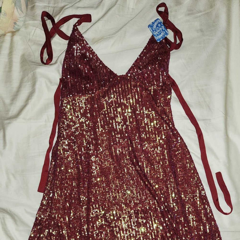 Free People Gold Rush Sequined Tie Back Mini Dress Red